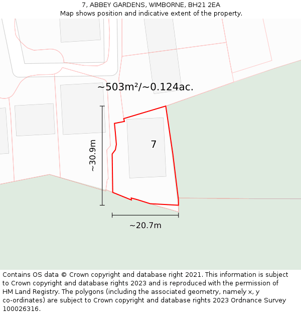 7, ABBEY GARDENS, WIMBORNE, BH21 2EA: Plot and title map