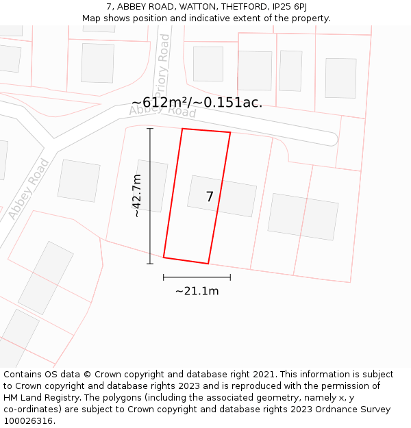 7, ABBEY ROAD, WATTON, THETFORD, IP25 6PJ: Plot and title map