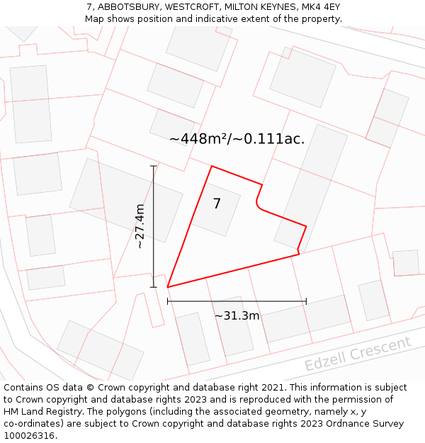 7, ABBOTSBURY, WESTCROFT, MILTON KEYNES, MK4 4EY: Plot and title map