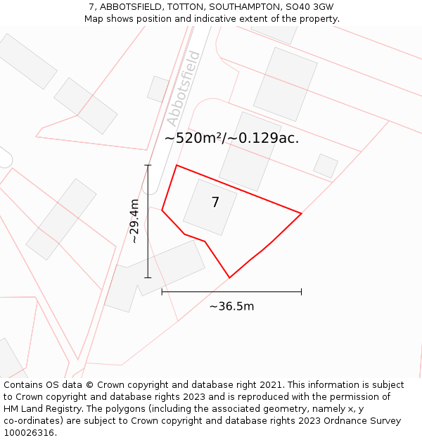 7, ABBOTSFIELD, TOTTON, SOUTHAMPTON, SO40 3GW: Plot and title map