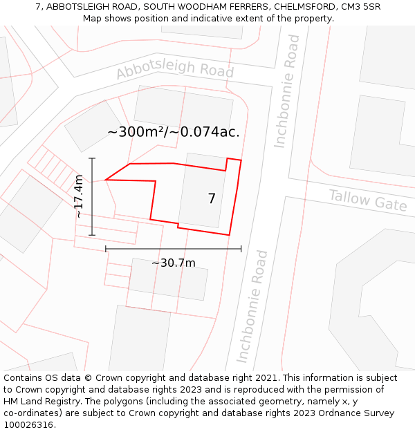 7, ABBOTSLEIGH ROAD, SOUTH WOODHAM FERRERS, CHELMSFORD, CM3 5SR: Plot and title map