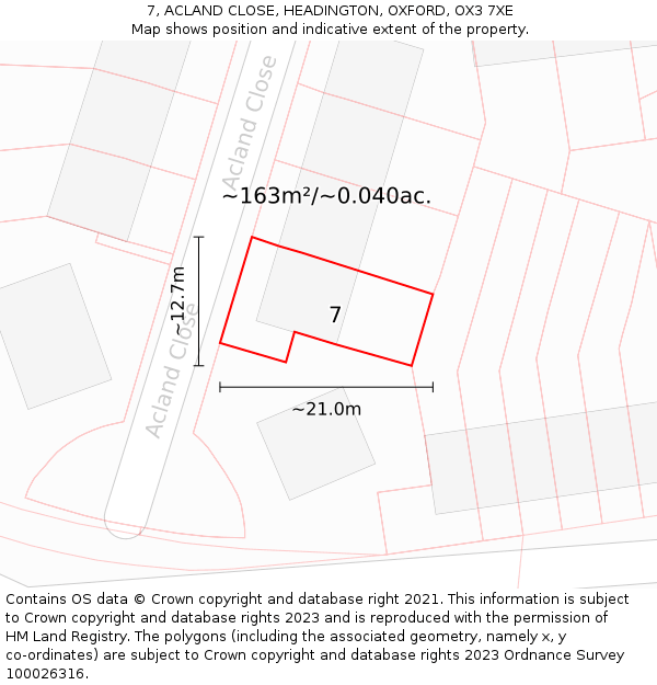 7, ACLAND CLOSE, HEADINGTON, OXFORD, OX3 7XE: Plot and title map