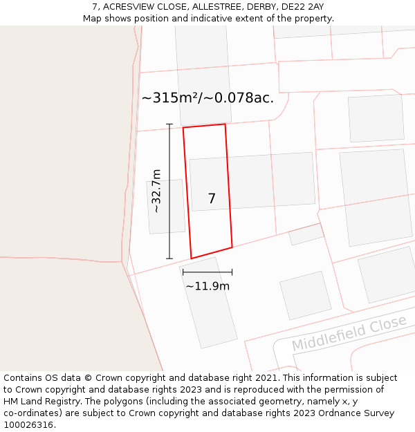 7, ACRESVIEW CLOSE, ALLESTREE, DERBY, DE22 2AY: Plot and title map