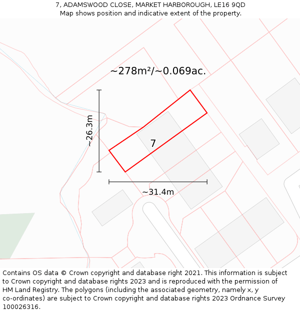 7, ADAMSWOOD CLOSE, MARKET HARBOROUGH, LE16 9QD: Plot and title map