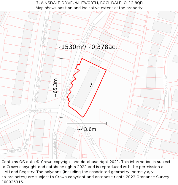 7, AINSDALE DRIVE, WHITWORTH, ROCHDALE, OL12 8QB: Plot and title map