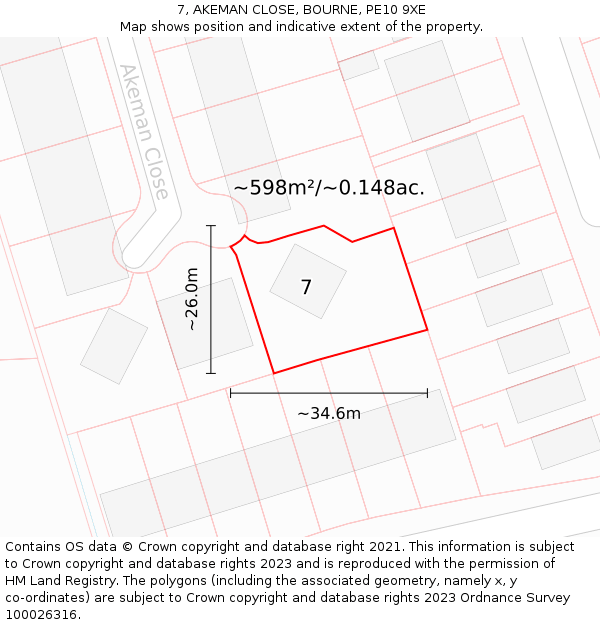 7, AKEMAN CLOSE, BOURNE, PE10 9XE: Plot and title map