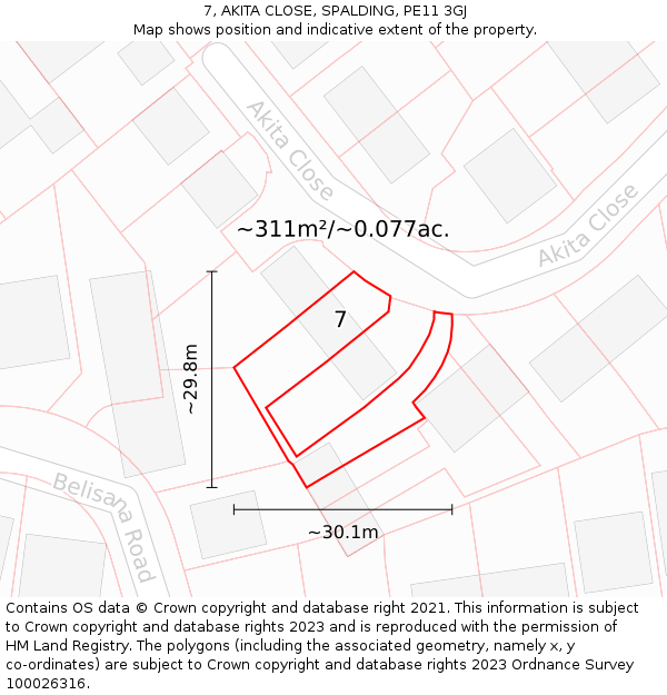 7, AKITA CLOSE, SPALDING, PE11 3GJ: Plot and title map