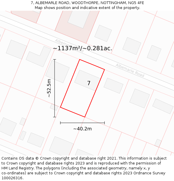 7, ALBEMARLE ROAD, WOODTHORPE, NOTTINGHAM, NG5 4FE: Plot and title map