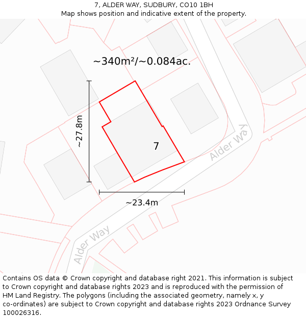 7, ALDER WAY, SUDBURY, CO10 1BH: Plot and title map