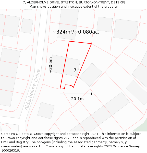 7, ALDERHOLME DRIVE, STRETTON, BURTON-ON-TRENT, DE13 0FJ: Plot and title map