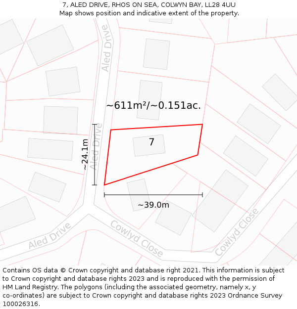 7, ALED DRIVE, RHOS ON SEA, COLWYN BAY, LL28 4UU: Plot and title map