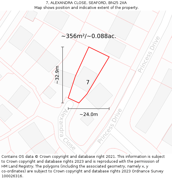 7, ALEXANDRA CLOSE, SEAFORD, BN25 2XA: Plot and title map