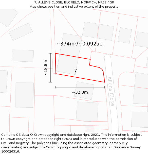 7, ALLENS CLOSE, BLOFIELD, NORWICH, NR13 4QR: Plot and title map