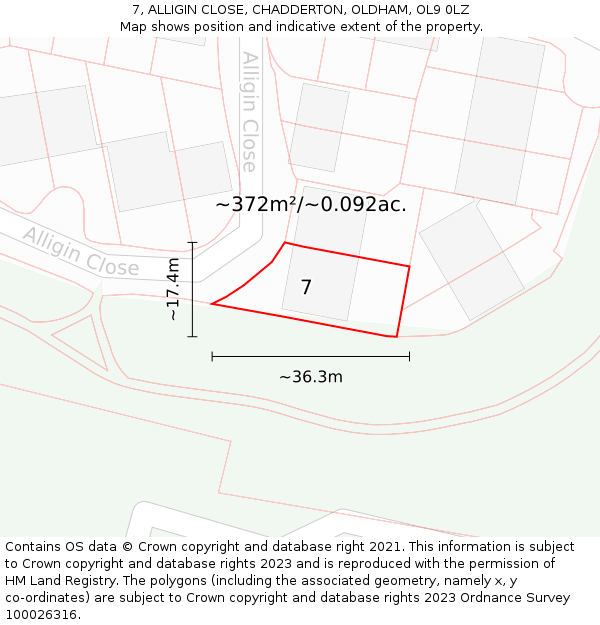 7, ALLIGIN CLOSE, CHADDERTON, OLDHAM, OL9 0LZ: Plot and title map