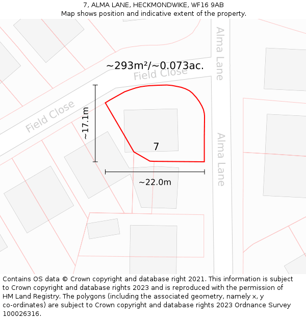 7, ALMA LANE, HECKMONDWIKE, WF16 9AB: Plot and title map