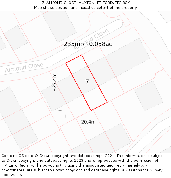 7, ALMOND CLOSE, MUXTON, TELFORD, TF2 8QY: Plot and title map