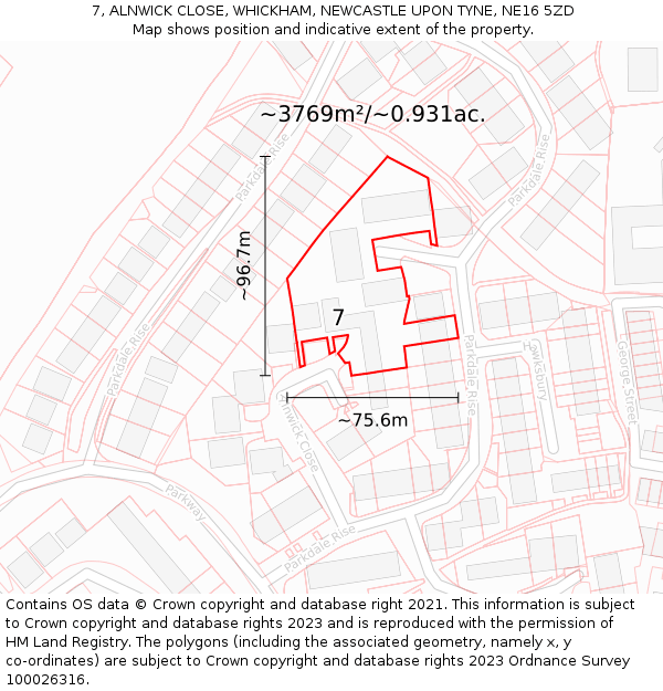 7, ALNWICK CLOSE, WHICKHAM, NEWCASTLE UPON TYNE, NE16 5ZD: Plot and title map