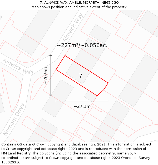 7, ALNWICK WAY, AMBLE, MORPETH, NE65 0GQ: Plot and title map