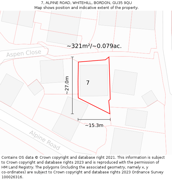 7, ALPINE ROAD, WHITEHILL, BORDON, GU35 9QU: Plot and title map