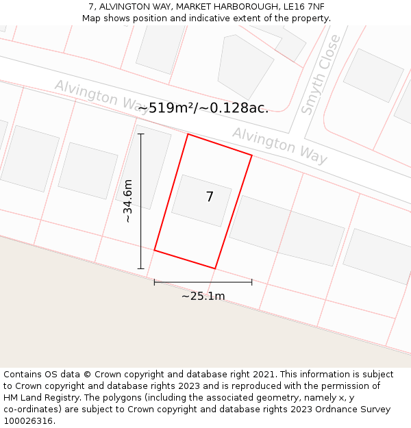 7, ALVINGTON WAY, MARKET HARBOROUGH, LE16 7NF: Plot and title map