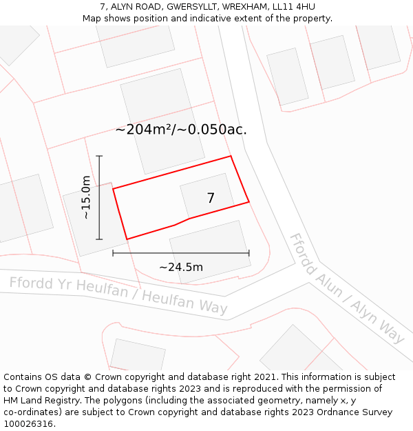 7, ALYN ROAD, GWERSYLLT, WREXHAM, LL11 4HU: Plot and title map