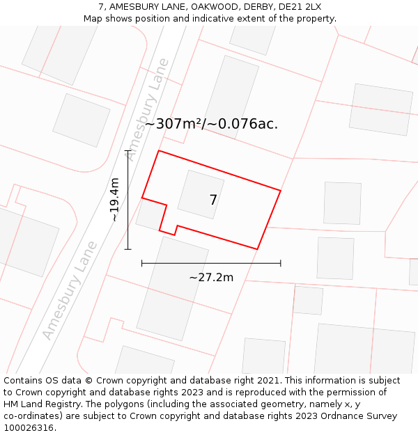7, AMESBURY LANE, OAKWOOD, DERBY, DE21 2LX: Plot and title map