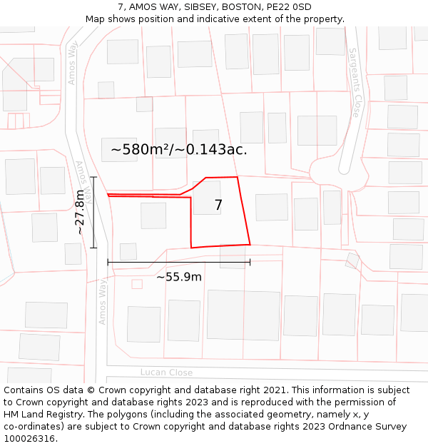 7, AMOS WAY, SIBSEY, BOSTON, PE22 0SD: Plot and title map