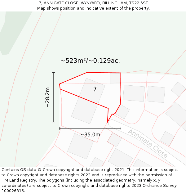 7, ANNIGATE CLOSE, WYNYARD, BILLINGHAM, TS22 5ST: Plot and title map