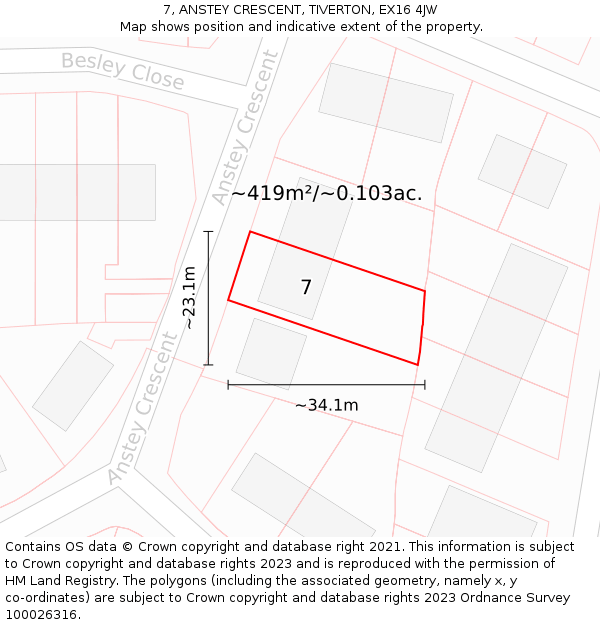 7, ANSTEY CRESCENT, TIVERTON, EX16 4JW: Plot and title map