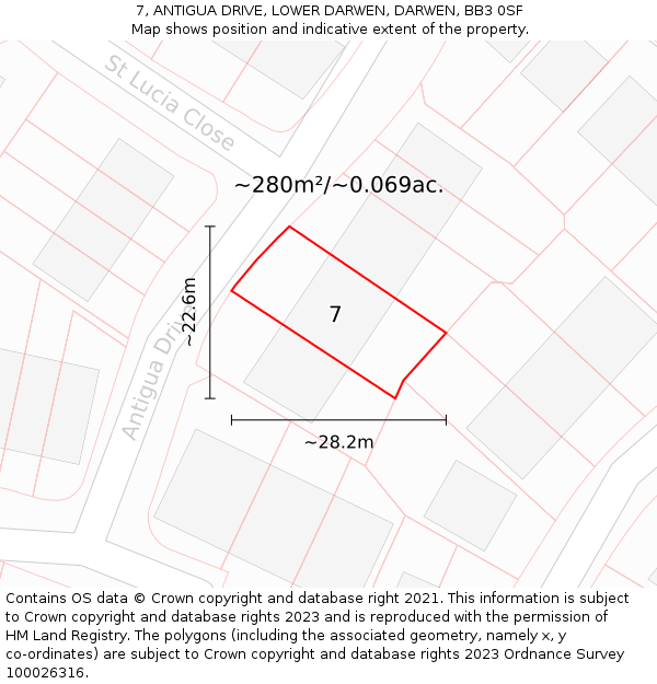 7, ANTIGUA DRIVE, LOWER DARWEN, DARWEN, BB3 0SF: Plot and title map