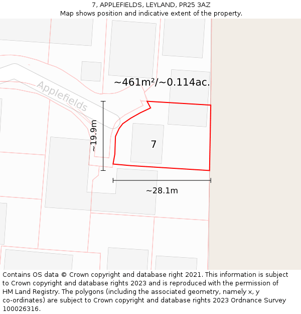 7, APPLEFIELDS, LEYLAND, PR25 3AZ: Plot and title map