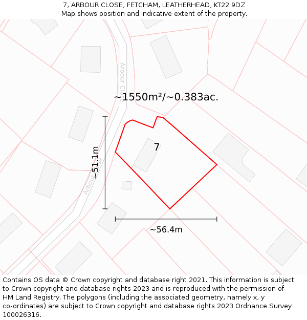 7, ARBOUR CLOSE, FETCHAM, LEATHERHEAD, KT22 9DZ: Plot and title map