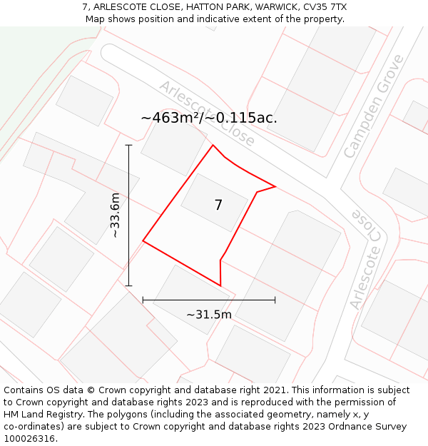7, ARLESCOTE CLOSE, HATTON PARK, WARWICK, CV35 7TX: Plot and title map