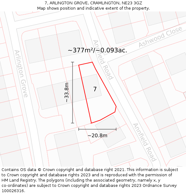 7, ARLINGTON GROVE, CRAMLINGTON, NE23 3GZ: Plot and title map