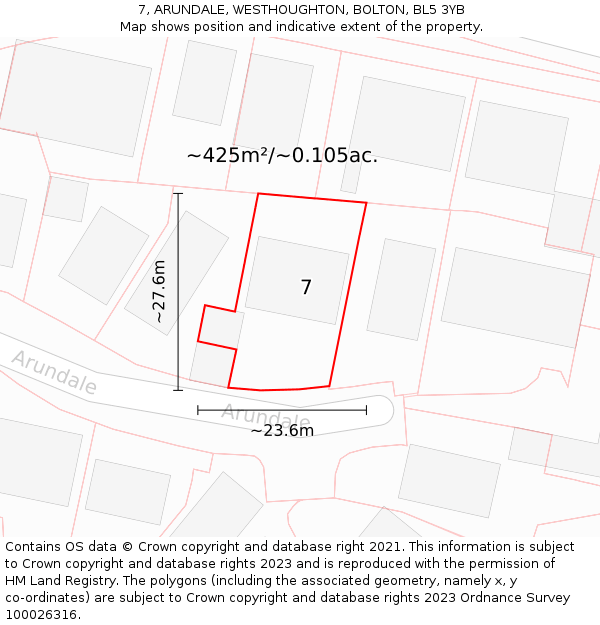 7, ARUNDALE, WESTHOUGHTON, BOLTON, BL5 3YB: Plot and title map