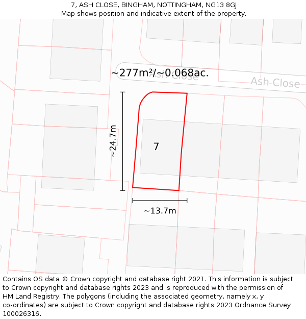 7, ASH CLOSE, BINGHAM, NOTTINGHAM, NG13 8GJ: Plot and title map