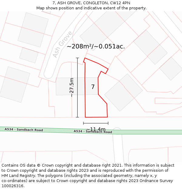 7, ASH GROVE, CONGLETON, CW12 4PN: Plot and title map