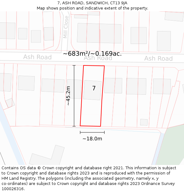 7, ASH ROAD, SANDWICH, CT13 9JA: Plot and title map