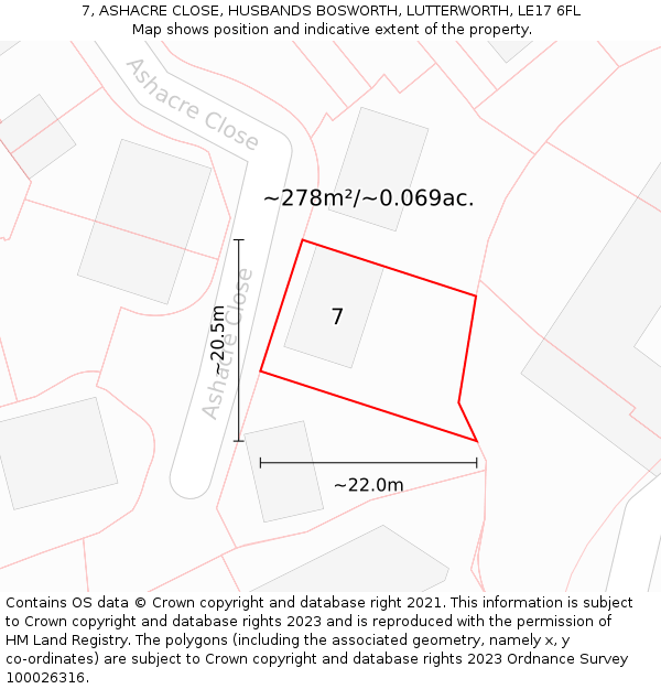 7, ASHACRE CLOSE, HUSBANDS BOSWORTH, LUTTERWORTH, LE17 6FL: Plot and title map
