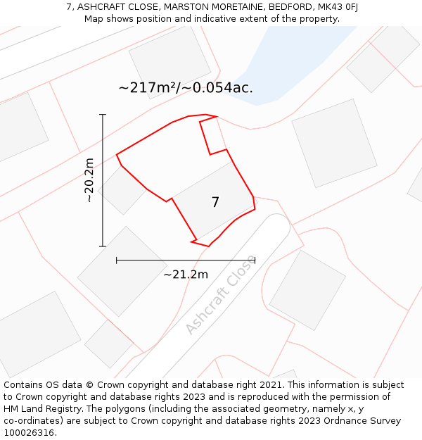 7, ASHCRAFT CLOSE, MARSTON MORETAINE, BEDFORD, MK43 0FJ: Plot and title map