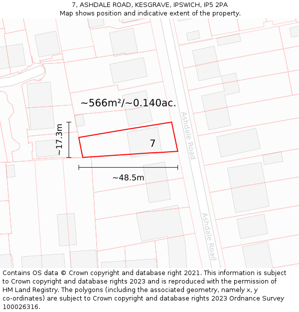 7, ASHDALE ROAD, KESGRAVE, IPSWICH, IP5 2PA: Plot and title map