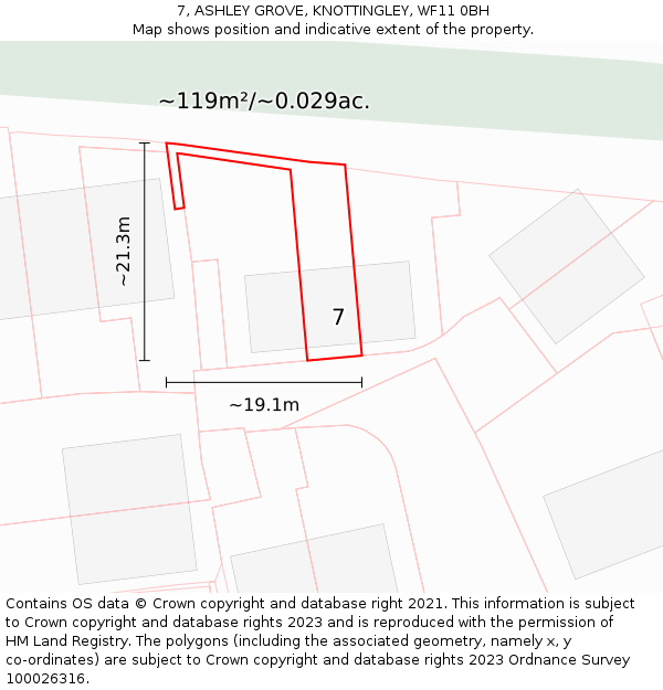 7, ASHLEY GROVE, KNOTTINGLEY, WF11 0BH: Plot and title map