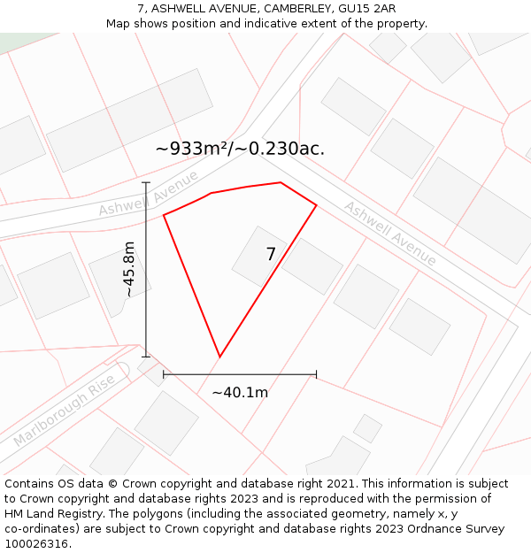 7, ASHWELL AVENUE, CAMBERLEY, GU15 2AR: Plot and title map