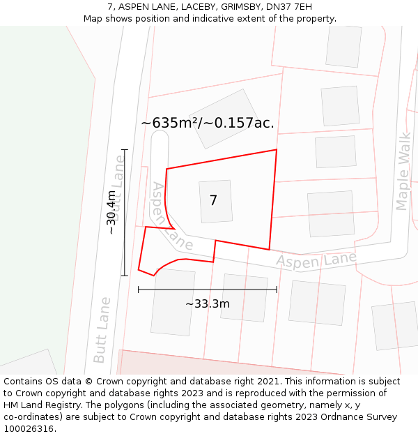 7, ASPEN LANE, LACEBY, GRIMSBY, DN37 7EH: Plot and title map