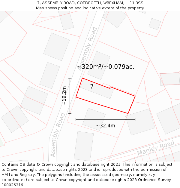 7, ASSEMBLY ROAD, COEDPOETH, WREXHAM, LL11 3SS: Plot and title map