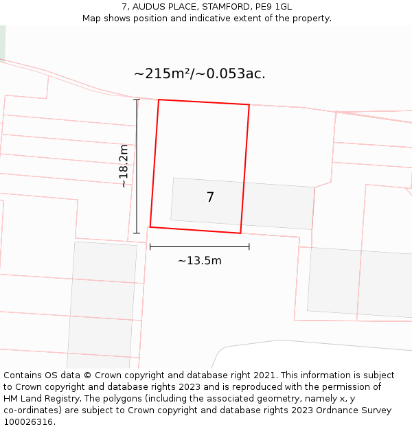 7, AUDUS PLACE, STAMFORD, PE9 1GL: Plot and title map