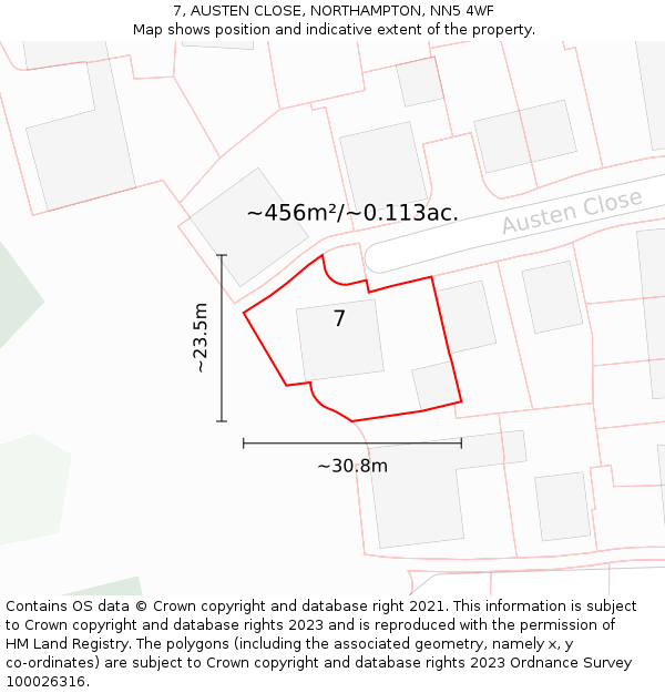 7, AUSTEN CLOSE, NORTHAMPTON, NN5 4WF: Plot and title map