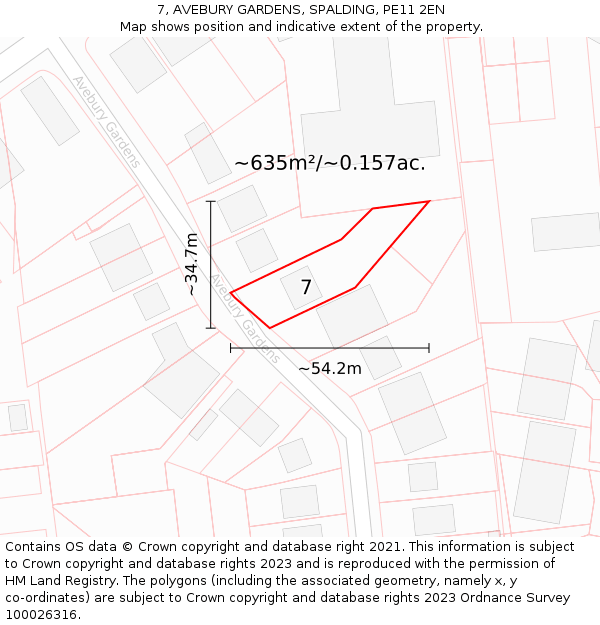 7, AVEBURY GARDENS, SPALDING, PE11 2EN: Plot and title map
