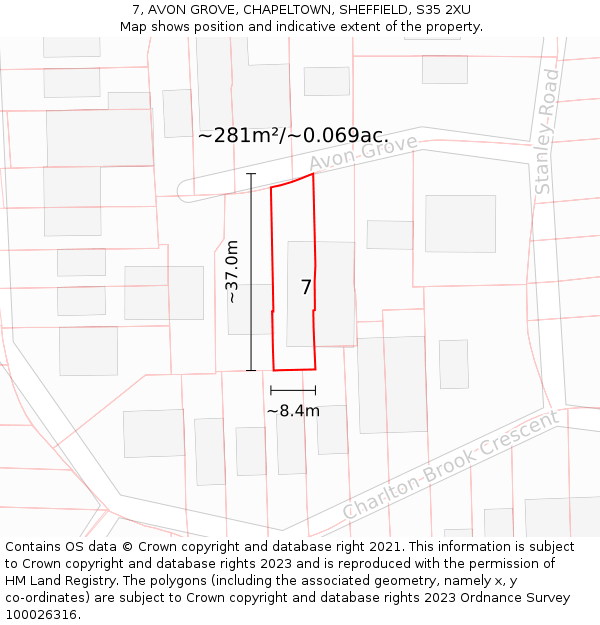 7, AVON GROVE, CHAPELTOWN, SHEFFIELD, S35 2XU: Plot and title map