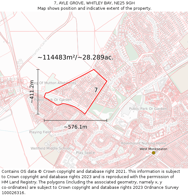 7, AYLE GROVE, WHITLEY BAY, NE25 9GH: Plot and title map